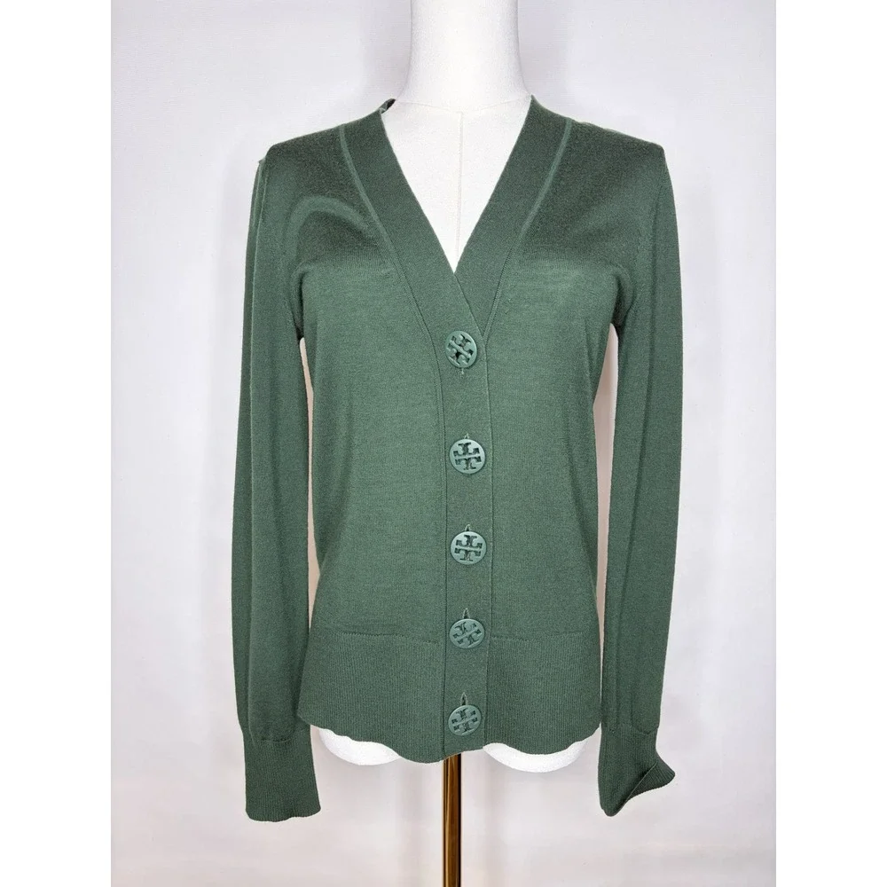 Tory Burch Madeline Cardigan Hunter Green Merino Wool Logo Button Sweater 64676